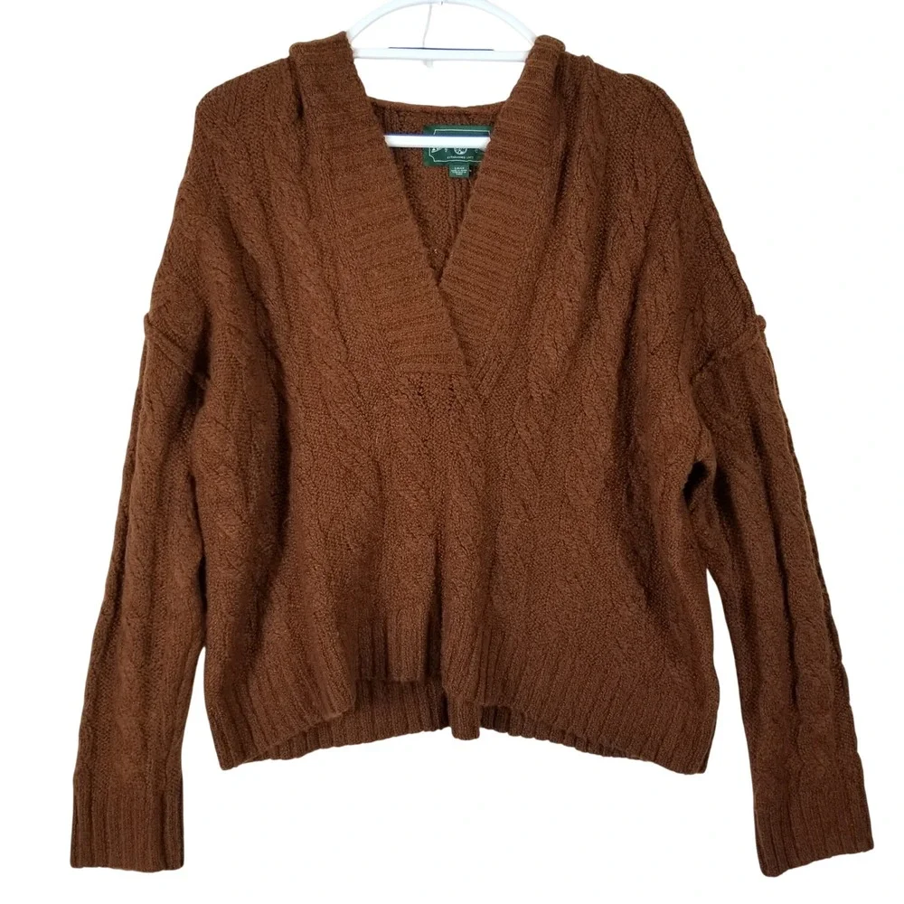 American Eagle Brown Cable‎ Knit Hooded V-Neck Sweater Small NWT 0341-9600-200